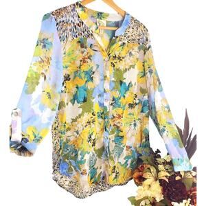 Fig & Flower Top L Sheer Floral Roll Tab Sleeve Polyester Tunic Womens Size Larg